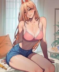 4narch157 ai_generated chainsaw_man denim_shorts indoors pink_bra power_(chainsaw_man) sitting smile solo