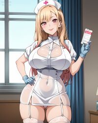 ai_generated athletic_female bare_legs big_breasts blonde_hair eroero_waifus gloves huge_breasts huge_thighs kitagawa_marin light-skinned_female light_skin long_hair looking_at_viewer massive_breasts multicolored_hair nurse nurse_cap nurse_uniform pink_eyes smiling solo_female sono_bisque_doll_wa_koi_wo_suru thick_thighs thighs voluptuous voluptuous_female