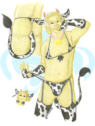 1boy 2021 absurd_res belly big_ass big_penis bikini black_eyes buttplug chibi chubby chubby_male color colored cow_bikini cow_ears cow_horns cow_tail curly_hair dark_deception dark_deception:_chapter_2 deadly_decadence gloves gold gold_watchers horn horns male male_only monster presenting simple_background sirmaxwell smile solo thick_thighs thighhighs traditional_media_(artwork) why_would_you_fuck_a_statue?!