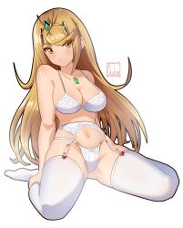 1girls annoyed big_breasts blonde_hair blush bra breasts cleavage core_crystal female female_only frown garter_belt garter_straps kneeling lingerie long_hair looking_at_viewer mythra nintendo owloo_art panties solo stockings white_lingerie xenoblade_(series) xenoblade_chronicles_2 yellow_eyes