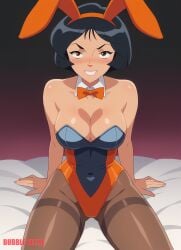 1female 1girls ai_generated alex_(totally_spies) bed bedroom breasts bubbleteexl bunny_ears bunnysuit commentary_request dark-skinned_female dark_skin english_commentary female female_only hd hi_res highres looking_at_viewer mixed-language_commentary short_hair short_hair_female sitting solo solo_female solo_focus totally_spies very_high_resolution