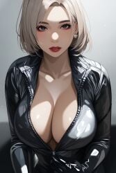 1girls ai_generated blonde_hair bodysuit breasts cleavage earrings female female_only latex latex_bodysuit mature_female novelai original original_character platinum_blonde_hair realistic short_hair silver_bodysuit solo solo_female stable_diffusion unzipped unzipping zipper