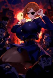 ai_generated big_breasts eyepatch huge_breasts jujutsu_kaisen kugisaki_nobara nylons school_uniform skirt tagme tight_clothing