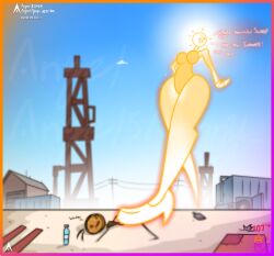 agonywelds anthro ass big_breasts breasts femdom glowing heat high_heels low-angle_view smaller_male stepped_on sun taller_girl thick_ass thick_thighs thighs welder