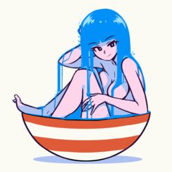 1girls akairiot barefoot black_eyes blue_eyes blue_hair breasts casual eyebrows_visible_through_hair female hand_on_head humanoid kelda_(akairiot) knees_up long_hair looking_at_viewer medium_breasts mob_face no_nipples nude nudist original pale_skin simple_background smile solo water water_hair white_background