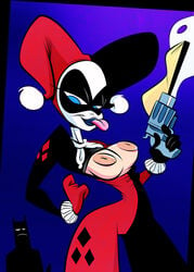 batman batman_(series) breasts dc_comics female firearm gun handgun harley_quinn harley_quinn_(classic) hat human male nipples revolver themrock tongue tongue_out topless weapon