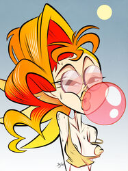 blowing_bubblegum breasts bubble_gum female glasses nipples orange_hair solo themrock