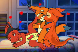 3_toes 3boys alien back_markings bed charmeleon closed_eyes color_edit colored crossover disney edit experiment_(species) fan_character fur gay gnar green_eyes group group_sex heart kissing kyro_(eraquis) league_of_legends lilo_and_stitch male male_only markings nintendo orange_body orange_fur penis pokémon_(species) pokemon riot_games sex tail_markings testicles threesome toes vitrex yaoi yordle