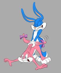 1boy anthro ass babs_bunny breasts buster_bunny color doggy_style duo female fur furry furry_only lagomorph looney_tunes male mammal rabbit ribbons scrunchy_face sideboob smile spiritto straight tiny_toon_adventures tiny_toons warner_brothers