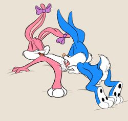 1boy anthro babs_bunny breasts buster_bunny color cunnilingus duo female fur furry furry_only lagomorph looney_tunes male mammal oral_sex rabbit ribbons smile spiritto straight tiny_toon_adventures tiny_toons tongue warner_brothers