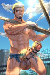 1boy abs blue_sky brown_eyes construction erect_nipples erection facial_hair functionally_nude hard_hat helmet kaworu key large_balls large_penis looking_to_the_side male male_only muscles no_pubic_hair outdoors penis straps testicles topless torn_clothes worker