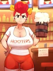 1girls alcohol beer brawl_stars hooters lilatole pam_(brawl_stars) spanish_text tagme