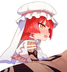 1boy :d bar_censor blush breasts censored clothed_female_nude_male dress eyebrows_visible_through_hair female from_side highres imminent_fellatio imminent_oral long_sleeves medium_breasts megido72 nose_blush nude oerba_yun_fang open_mouth penis penis_tattoo puffy_short_sleeves puffy_sleeves red_hair scar short_over_long_sleeves short_sleeves simple_background smile solomon_(megido72) straight sumiyao_(amam) sweatdrop tattoo turban veil white_background white_dress yellow_eyes zepar_(megido72)