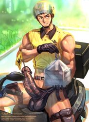 1boy abs brown_hair delivery_boy erection gloves helmet kaworu leg_spread looking_at_viewer male_only motorcycle muscles nipples outdoors penis sitting testicles uniform