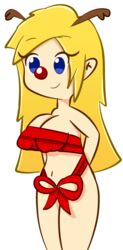 antlers big_breasts blonde_hair blue_eyes christmas deer_antlers doodle female hands_behind_back long_hair naked_ribbon ribbon smile solo testgril