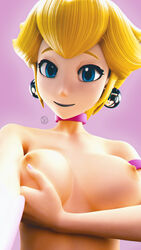 1girls 3d areolae blender breasts female female_only looking_at_viewer mario_(series) nintendo nipples pink_background pinup ponytail princess_peach simple_background solo tied_hair wunder