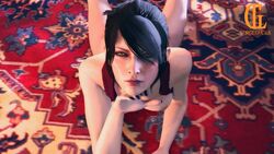 3d areolae black_hair breasts dragon_age dragon_age_inquisition female female_only laying_on_stomach looking_at_viewer lorgegucas morrigan_(dragon_age) nipples partially_clothed sfm solo yellow_eyes