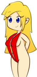 big_breasts bikini blonde_hair blue_eyes doodle female hands_behind_back long_hair sling_bikini smile solo testgril