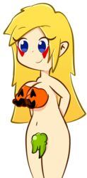 big_breasts blonde_hair blood blue_eyes bodypaint doodle female halloween hands_behind_back long_hair pumpkin pumpkin_boobs slime smile solo testgril