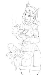 1futa aka6 black_and_white bow candy_cane christmas cocoa festive futa_only futanari garter_straps hot_cocoa intersex league_of_legends mistletoe monochrome mug santa_hat sketch smooth_skin solo soraka stockings sweater