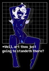 1boy cuntboy deltarune intersex male nipples open_mouth presenting pussy rouxls_kaard smile wink