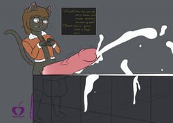 anthro blush bomber clothed clothing cum ejaculation erection excessive_cum eyewear feline floyd_(prunuscerasus) girly glasses hi_res hyper hyper_penis jacket legwear male mammal orgasm penis prunuscerasus_(artist) simple_background solo stockings texting thigh-highs watermark