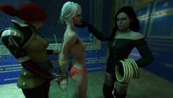 3d 3girls areolae bathhouse black_hair blakknight08 bound breasts cd_projekt_red ciri female female_only hand_on_chin nipples panties red_hair the_witcher the_witcher_(series) the_witcher_2 the_witcher_3:_wild_hunt thighhighs triss_merigold white_hair yennefer