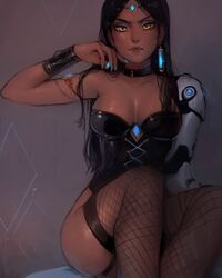 1girls 2d black_hair cybernetics dark-skinned_female dark_skin female female_only fiship fishnet_stockings looking_at_viewer overwatch sitting solo symmetra tagme yellow_eyes