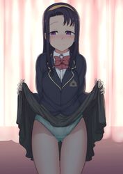 1girls aiue_oka blush closed_mouth curtains indoors long_hair looking_away panties presenting saimin_seishidou sakagami_akeno school_uniform skirt_lift