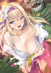 1girls 3boys ahoge bare_shoulders blonde_hair blush bra breasts collarbone covering covering_breasts cum cum_on_body cum_on_breasts cum_on_upper_body dirty dress facial female flower goblin goblin_male granblue_fantasy green_skin grey_eyes hair_between_eyes hair_flower hair_ornament headgear highres jeanne_d'arc_(granblue_fantasy) large_breasts long_hair monster nipples nukkoru open_mouth size_difference small_dom_big_sub smaller_male tears torn_bra torn_clothes torn_dress torn_legwear underwear