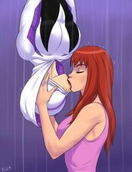 2girls big_breasts female_only flick gwen_stacy hourglass_figure kissing large_breasts lesbian marvel mary_jane_watson rain red_hair spider-gwen spider-man_(series) spider-man_kiss spider-man_upside-down_kiss spider_kiss upside-down yuri