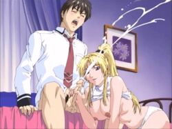 00s 1boy animated bible_black blonde_hair bouncing_breasts breasts cum cumshot fellatio female minase_taki oral orgasm penis purple_eyes saeki_kaori uncensored