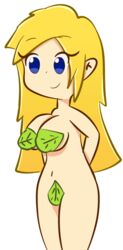 big_breasts blonde_hair blue_eyes covered_nipples covered_pussy doodle female hands_behind_back leaf leaf_censor leaf_on_breast leaf_on_crotch long_hair nipple_censor smile solo testgril