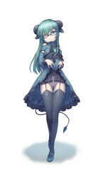 do_not_distribute dress dress_lift dress_shirt female female_only glasses green_hair half-dressed hands-free horns long_hair looking_at_viewer no_panties original original_character pussy rou271 rou_(rou22) shadow smile smiling solo solo_focus stockings tail vulva white_background