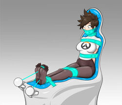 1girls arms_behind_back ball_gag blue_tape bondage bound bound_ankles bound_arms bound_knees bound_legs bound_toes bound_torso breasts brown_hair brown_legwear clothed curious feet female female_only gag gagged medium_breasts no_pants over_the_mouth_gag overwatch pantyhose restrained shirt short_hair sitting solo stuffed_mouth_gag tape tape_bondage tape_gag taped_ankles taped_arms taped_legs taped_mouth tickling tied_toes tracer wide-eyed