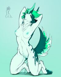 2019 4:5 anthro aqua_fur arms_above_head bedroom_eyes black_nose black_sclera blue_eyes blue_fur blue_nipples blush breasts canid canine canis cheek_tuft claws domestic_dog female front_view full-length_portrait fur german_shepherd gradient_background green_background green_fur grey_eyes half-closed_eyes hands_behind_head herding_dog hi_res idoodle2draw inviting kneeling looking_at_viewer mammal markings multicolored_fur nipples nude pastoral_dog pinup portrait pose presenting pussy seductive signature simple_background smile solo stretching terrabyte tuft white_fur