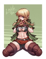 2018 blonde_hair blue_eyes blush boots bra breasts cameltoe clothed clothing compass female footwear gloves hair handwear humanoid hylian hyrule_warriors inviting karosu-maker kneeling linkle long_hair medium_breasts navel nintendo shirt_lift shorts simple_background smile solo spread_legs the_legend_of_zelda video_games