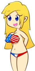 1girls american_flag american_flag_bikini big_breasts blonde_hair blue_eyes body_paint breasts doodle female hands_behind_back long_hair open_mouth smile solo testgril