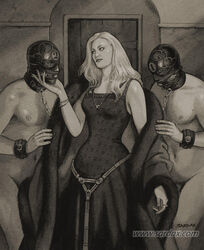 bdsm black_clothing blonde_hair bondage chains clothed_female_nude_male femdom fur_coat leather male malesub mask monochrome multiple_subs nail_polish necklace nipples sardax sepia tag