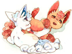 1boy 3_toes alolan_vulpix ambiguous_gender ball_lick begging begging_pose blush brown_nose closed_eyes countershading cute_fangs duo ears_up erection feet feral feral_on_feral fluffy fluffy_ears fluffy_tail fur furry half-closed_eyes licking looking_pleasured male markings multi_tail nintendo open_mouth oral paws penis pokemon pokemon_(species) pokemon_rgby pokemon_sm red_eyes red_fur red_paws red_penis simple_background snout socks_(marking) spread_legs spreading toes tongue tongue_out trem_trrn video_games vulpix white_background white_countershading white_fur