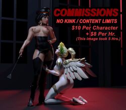 3d alternate_costume angel_wings ass black_hair blonde_hair breasts corset dark-skinned_female dark_hair dark_skin femdom goth kneeling mercy overwatch packysfm pharah ponytail tagme tattoo winged_victory_mercy yuri