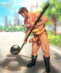 1boy abs black_boots brown_hair daddy erection foreskin kaworu male_only manly muscles nipples outdoors park penis standing testicles uncut uniform worker