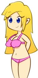 big_breasts blonde_hair blue_eyes doodle female hands_behind_back long_hair pink_bikini smile solo testgril