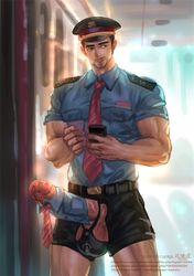 1boy erection kaworu looking_at_viewer male male_only muscles penis police police_hat police_officer police_uniform standing testicles uniform