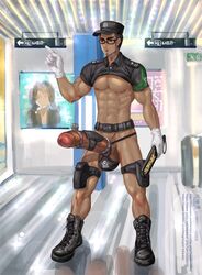 1boy abs belt black_hair black_hat boots cock_ring erection foreskin glasses gloves kaworu male_only muscles nipples no_pubic_hair penis shirt_up standing testicles uncut uniform