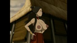 accurate_art_style avatar_the_last_airbender big_breasts big_nipples blue_eyes brown_hair casual_nudity clothing dark-skinned_female dark_skin edit embarrassed gigantic_breasts huge_breasts huge_nipples katara large_breasts nipples outdoors poivoit screenshot screenshot_edit topless