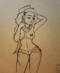 abitriskay alternate_costume big_breasts breasts claudette_morel covered_nipples dbd dead_by_daylight female hat hips posing scarf shorts topless traditional_media_(artwork)