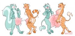 2018 anthro big_breasts bottomless bovine breasts cattle cheetah clothed clothing duo feline firr fur girly hair hhazard kauko male mammal markings mephitid multicolored_fur nipples nude simple_background skunk striped_tail stripes tail teats transformation udders vest white_background