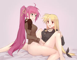 absurdres bed blonde_hair blue_eyes blush breasts fate_testarossa hair_ornament hair_ribbon hei_chuan_gui highres large_breasts looking_at_another lyrical_nanoha mahou_shoujo_lyrical_nanoha_strikers military military_uniform open_mouth pink_background pink_hair red_eyes ribbon signum simple_background smile tribadism tsab_ground_military_uniform uniform yuri