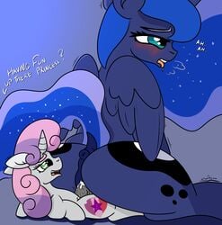 age_difference cub cum cum_inside female_on_futa feral furry futanari horsecock intersex mackstack my_little_pony penis princess_luna_(mlp) reverse_cowgirl_position riding sex size_difference sweetie_belle_(mlp) text young